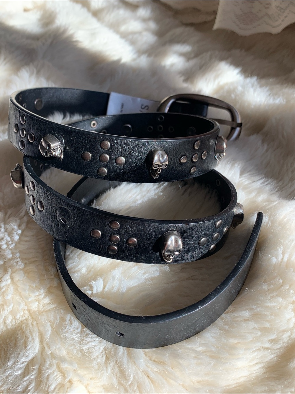 Vtg 90s black leather studded belt with silver skulls gothic biker S M